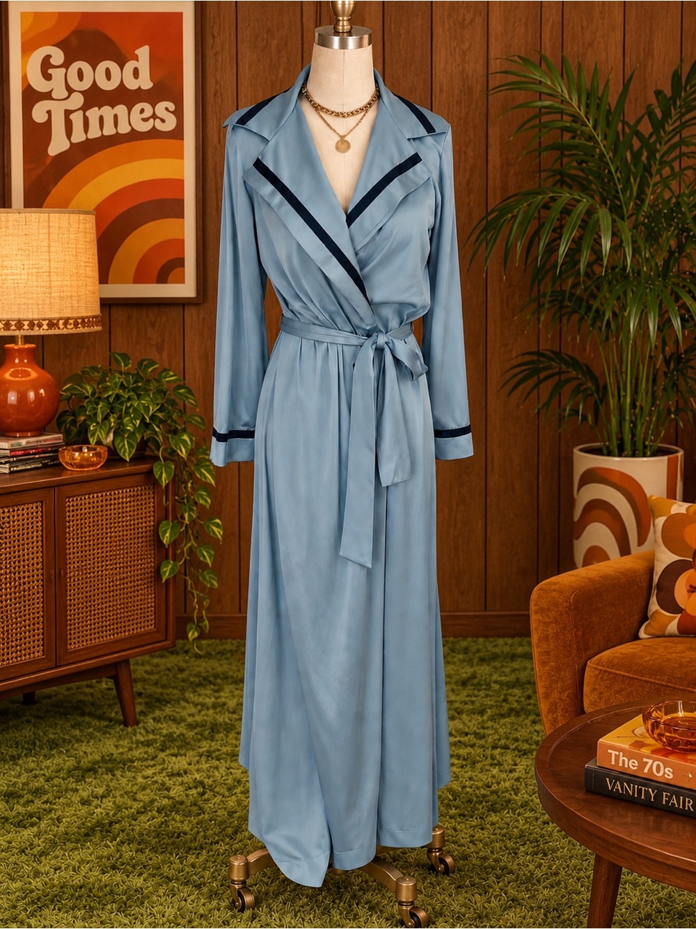 VTG 70s Vanity Fair Tuxedo Wrap Robe Blue Satin Long Lounger Belted Size 8 S/M